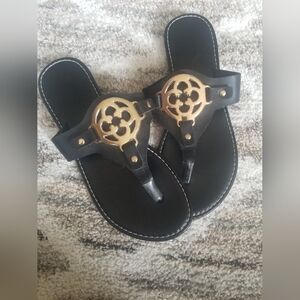 Black Sandal Slides with Gold Medallion Size 8